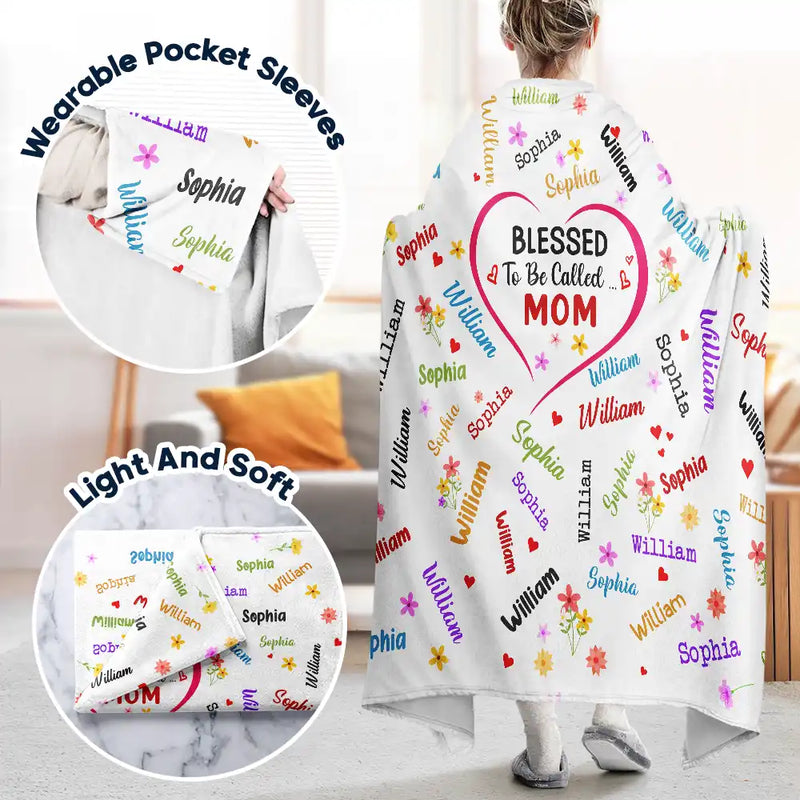 Gift For Grandma, Gift For Mother - Grandkid's Names Blessed To Be Called Grandma Nana - Personalized Wearable Blanket