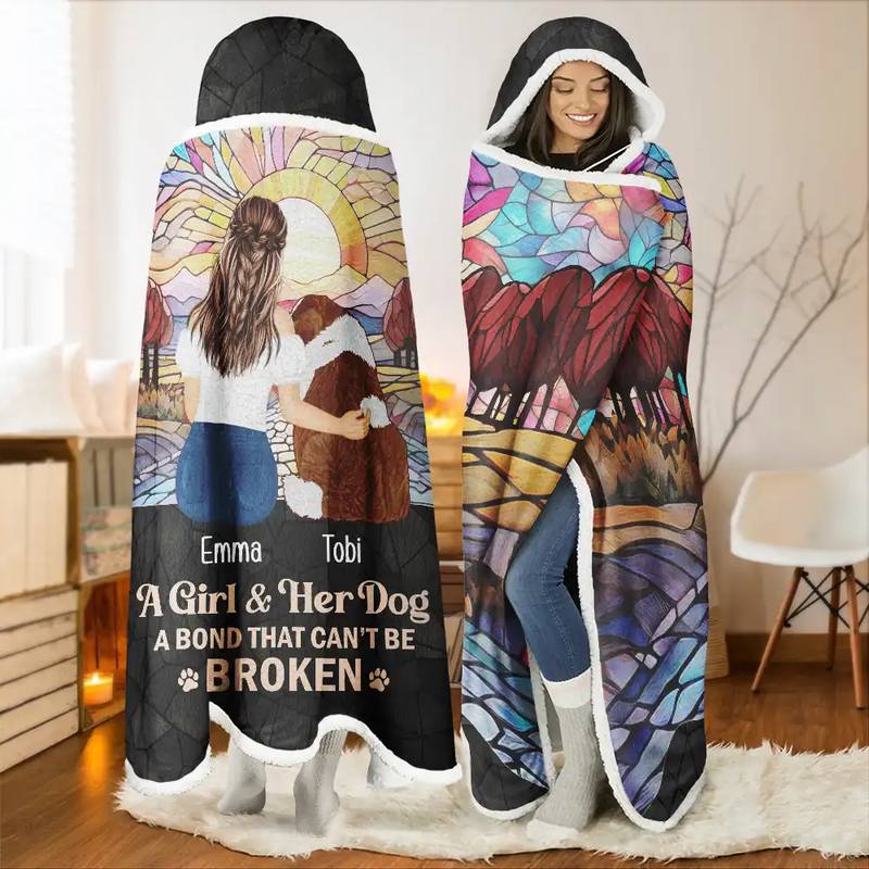 Dog Lovers, Cat Lovers, Pet Lovers - Flower Field A Girl And Her Dog Cat - Personalized Wearable Hooded Blanket