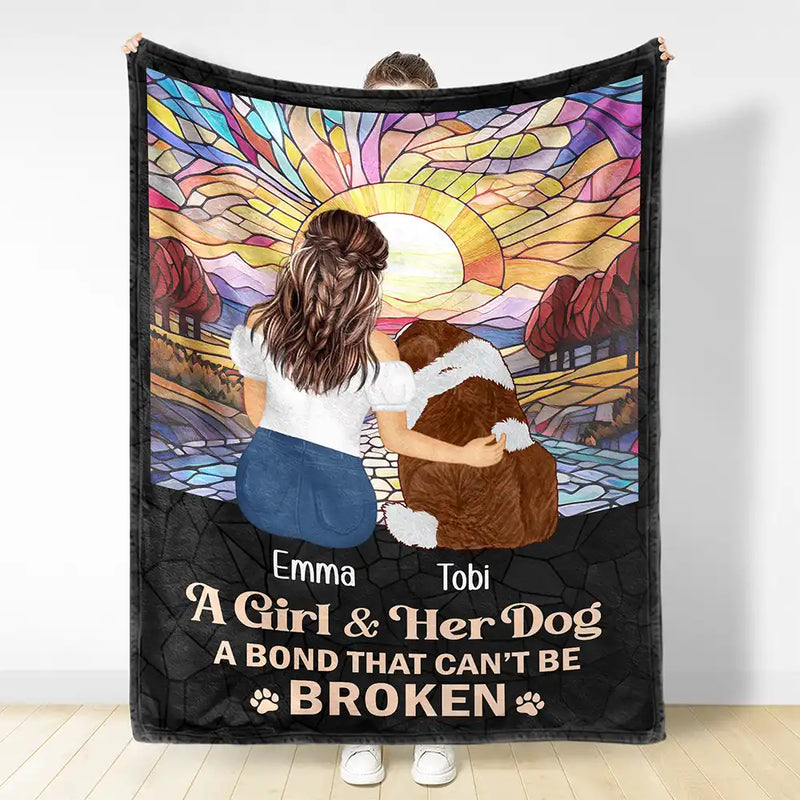 Dog Lovers,Cat Lovers,Pet Lovers,Dog Mom,Love - Flower Field A Girl And Her Dog And Cat - Personalized Fleece Blanket, Sherpa Blanket