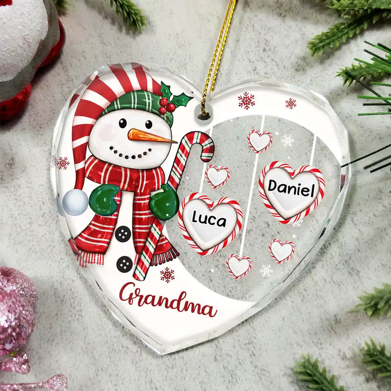 Gift For Grandma - Grandma's Sweetheart Snowman Candy Festive Vibe - Personalized Glass Ornament