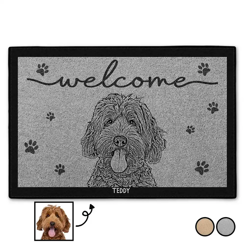 Pet Lovers, Cat Lovers, Dog Lovers - Custom Photo Welcome Pet Face Dog Cat Pencil Drawing - Personalized Doormat
