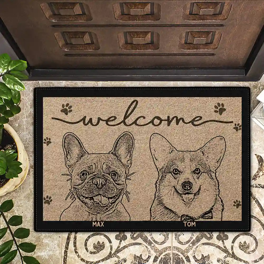 Pet Lovers, Cat Lovers, Dog Lovers - Custom Photo Welcome Pet Face Dog Cat Pencil Drawing - Personalized Doormat