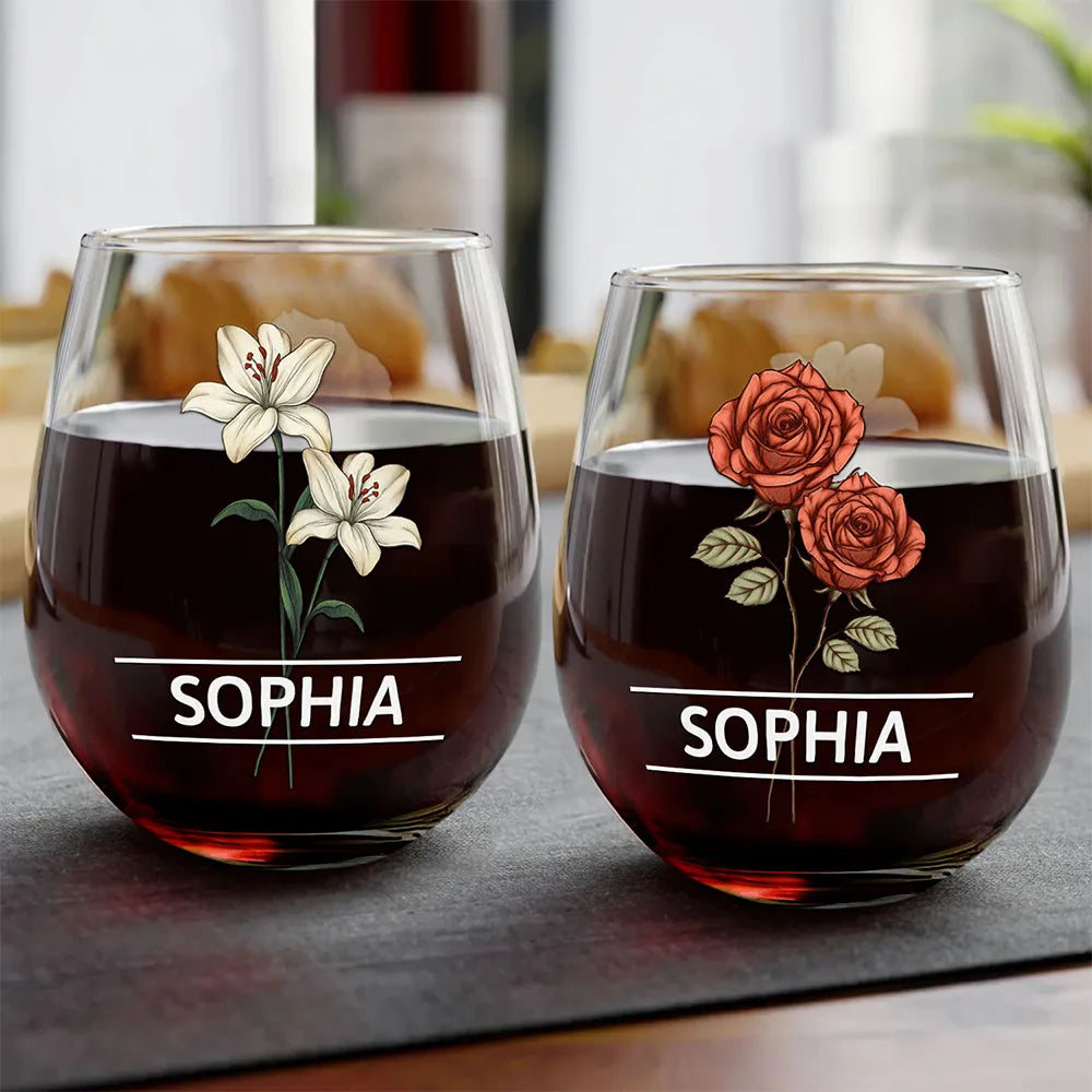 Birth Flowers Woman - Personalized Stemless Wine Glass