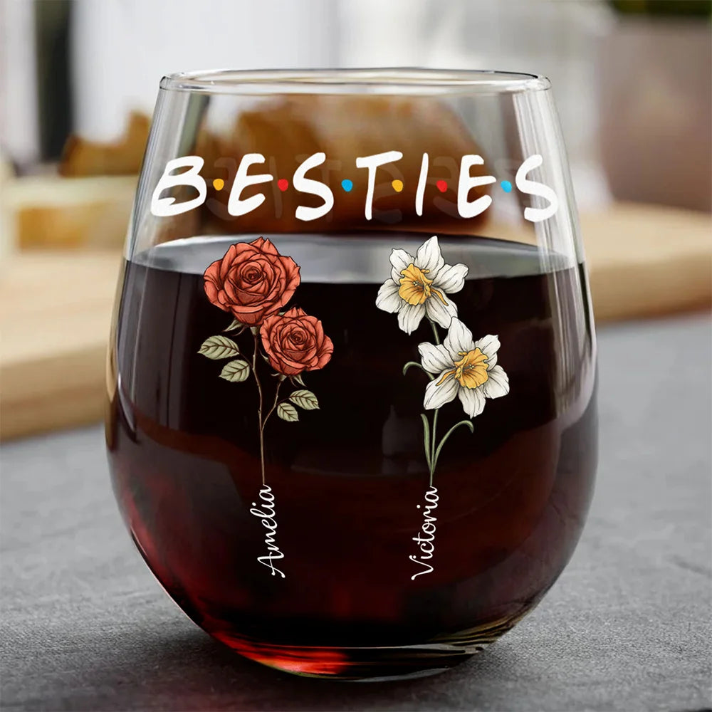 Besties Sisters Friends Birth Flowers - Personalized Stemless Wine Glass