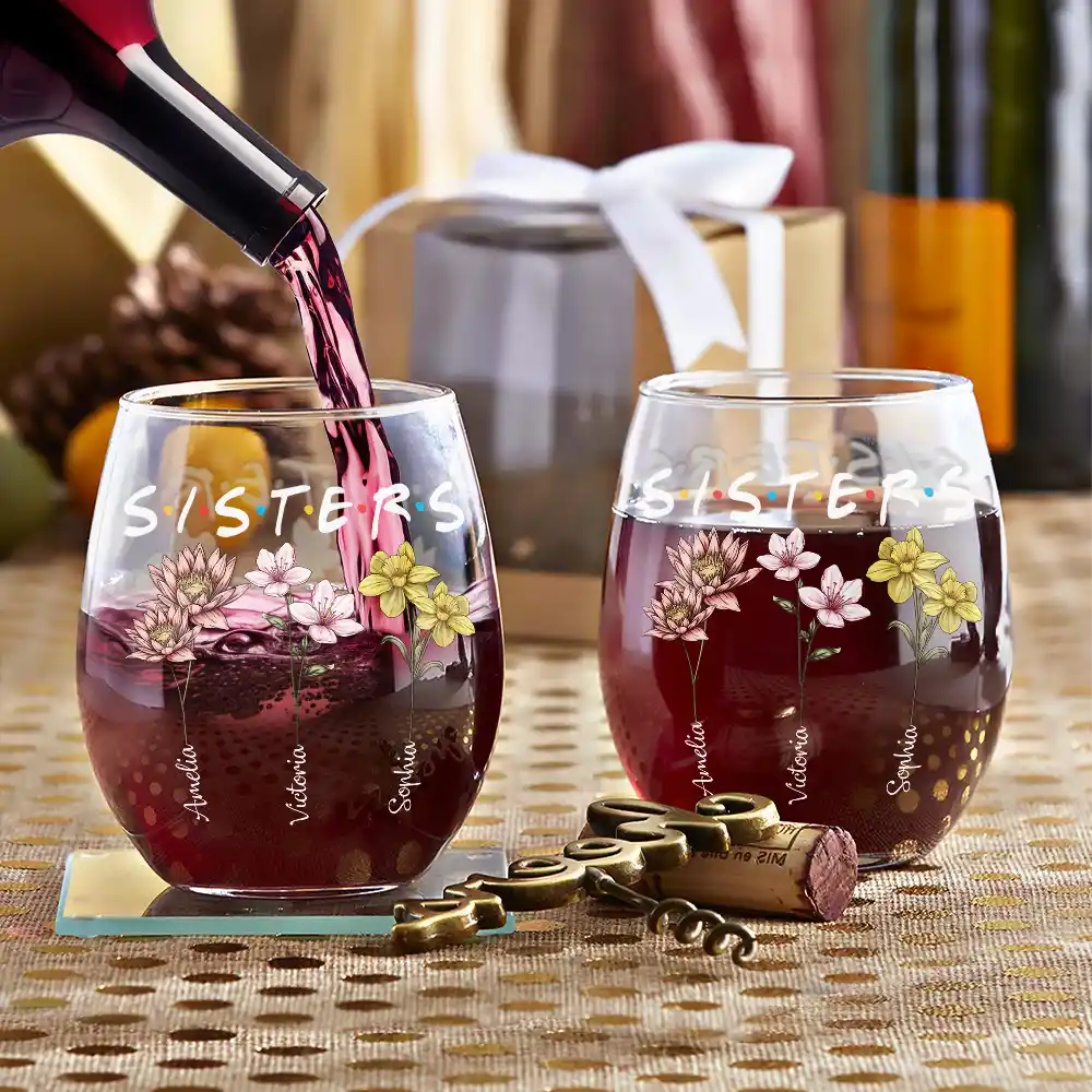 Gift For Bestie,Gifts For Colleagues,Gift For Sisters,Happy - Besties Sisters Friends Birth Flowers - Personalized Stemless Wine Glass