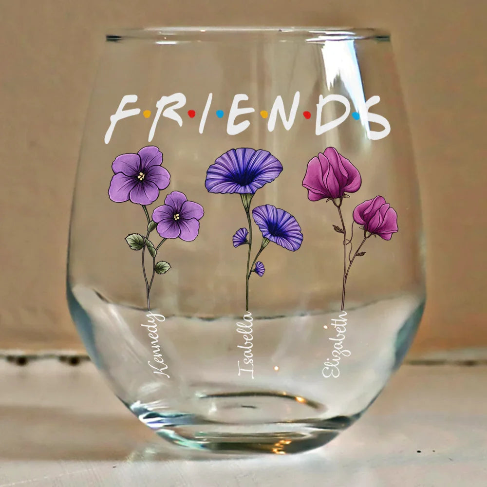 Gift For Bestie,Gifts For Colleagues,Gift For Sisters,Happy - Besties Sisters Friends Birth Flowers - Personalized Stemless Wine Glass