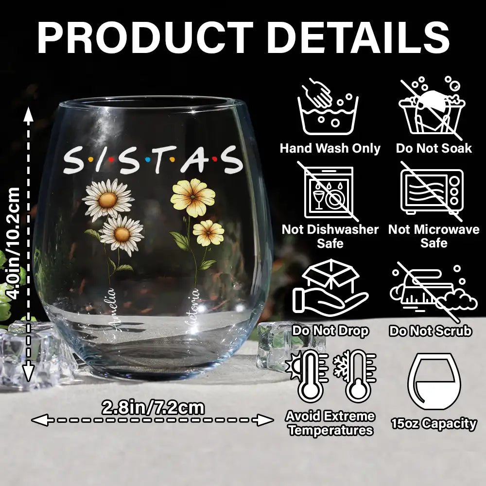 Gift For Bestie,Gifts For Colleagues,Gift For Sisters,Happy - Besties Sisters Friends Birth Flowers - Personalized Stemless Wine Glass