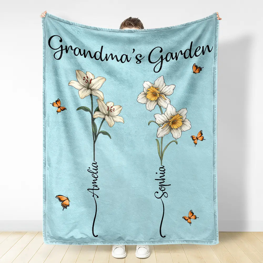 Gift For Grandma, Gift For Women, Gift For Mother - Grandma's Garden Birth Flower Bouquet - Personalized Fleece Blanket, Sherpa Blanket