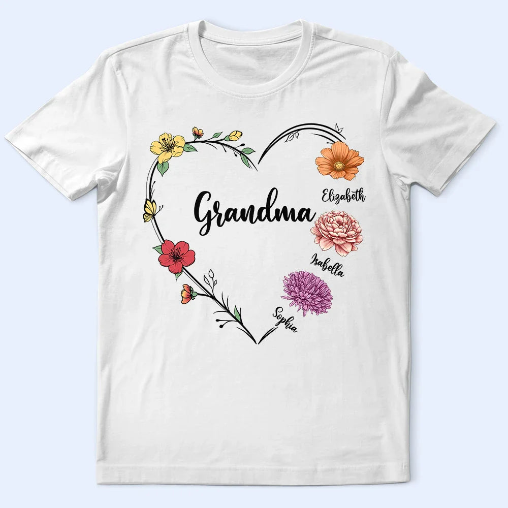 T-shirt personnalisé avec fleur de naissance pour grand-mère, grand-mère et maman