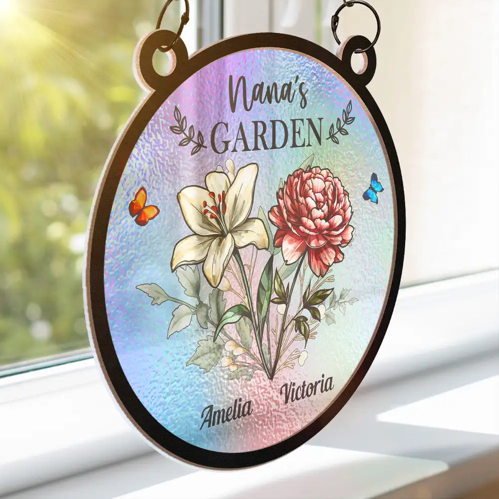 Gift For Grandma - Holography Grandma's Garden Birth Flower - Personalized Window Hanging Suncatcher Ornament
