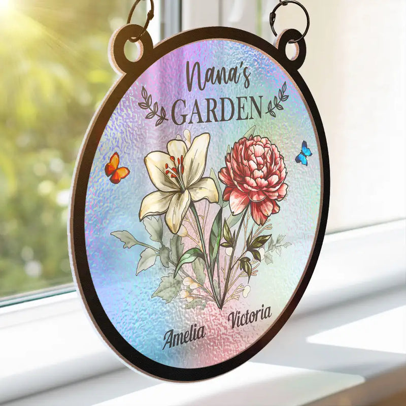 Gift For Grandma - Holography Grandma's Garden Birth Flower - Personalized Window Hanging Suncatcher Ornament
