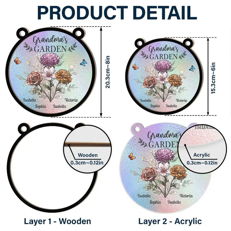 Gift For Grandma - Holography Grandma's Garden Birth Flower - Personalized Window Hanging Suncatcher Ornament
