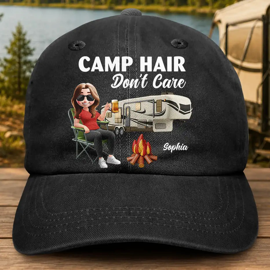 Camp Hair Don't Care Camping - Personalized Vintage Washed Denim Cap