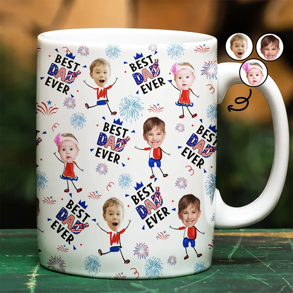 Custom Photo Stars & Stripes Best Dad Mom Grandpa Grandma Ever - Personalized White Edge-to-Edge Mug