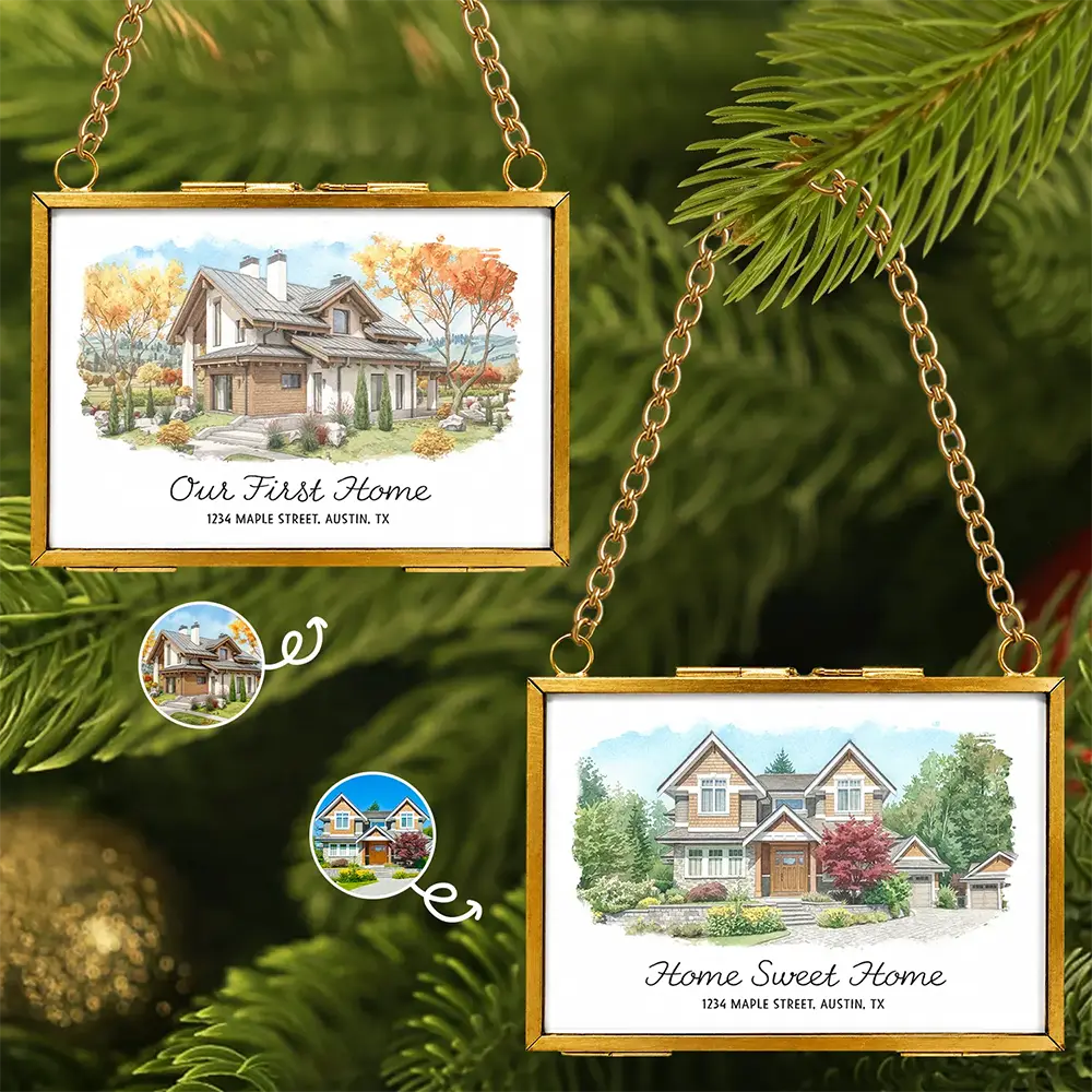 Custom Photo Watercolor Painting First Christmas In Our New Home - Personalized Metal Frame Ornament