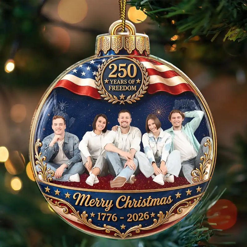 Independence Day, America 250th, Christmas, Proud, Custom Photo, Family, Remove BG Photo - Custom Photo Family Merry Christmas 250 Years Of Freedom - Personalized Custom Shaped Acrylic Ornament