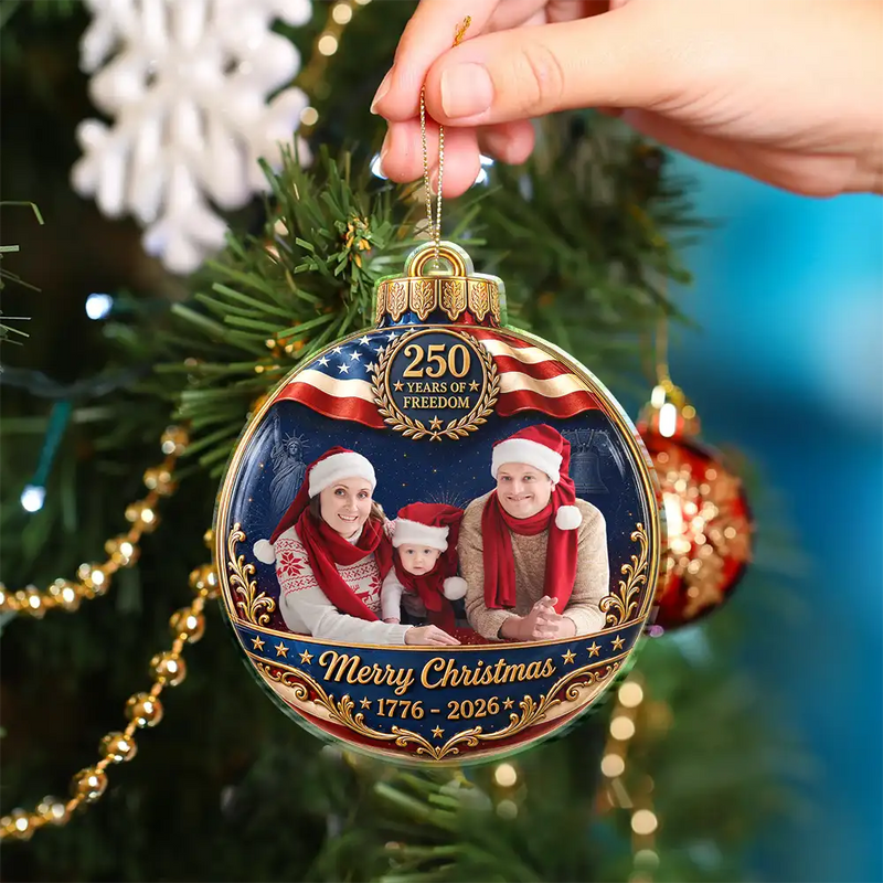 Independence Day, America 250th, Christmas, Proud, Custom Photo, Family, Remove BG Photo - Custom Photo Family Merry Christmas 250 Years Of Freedom - Personalized Custom Shaped Acrylic Ornament