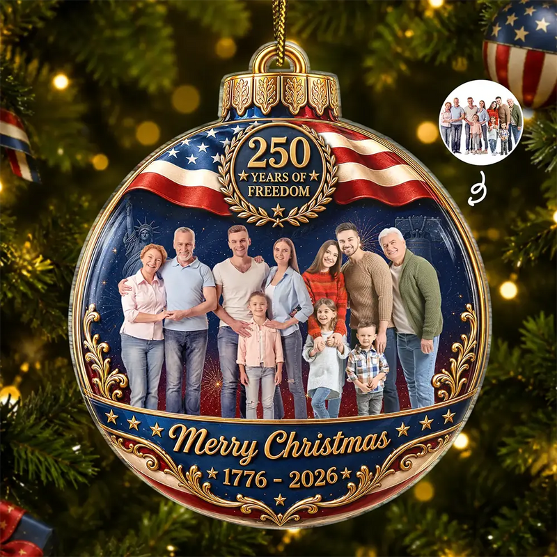 Independence Day, America 250th, Christmas, Proud, Custom Photo, Family, Remove BG Photo - Custom Photo Family Merry Christmas 250 Years Of Freedom - Personalized Custom Shaped Acrylic Ornament