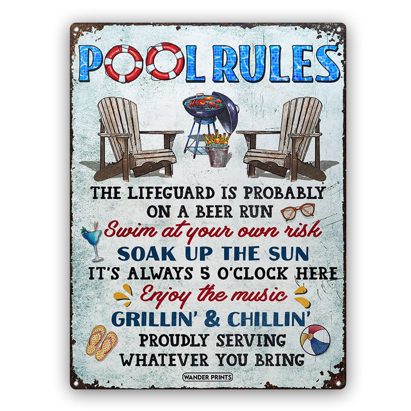 Wander Prints Family Gifts, Backyard Decor, Outdoor Decor, Housewarming Gifts, Patio, Garden, Pool, Bar & Grill, BBQ -	Pool Rules Swim At Your Own Risk, Pool Signs, Classic Metal Signs, Tin Signs