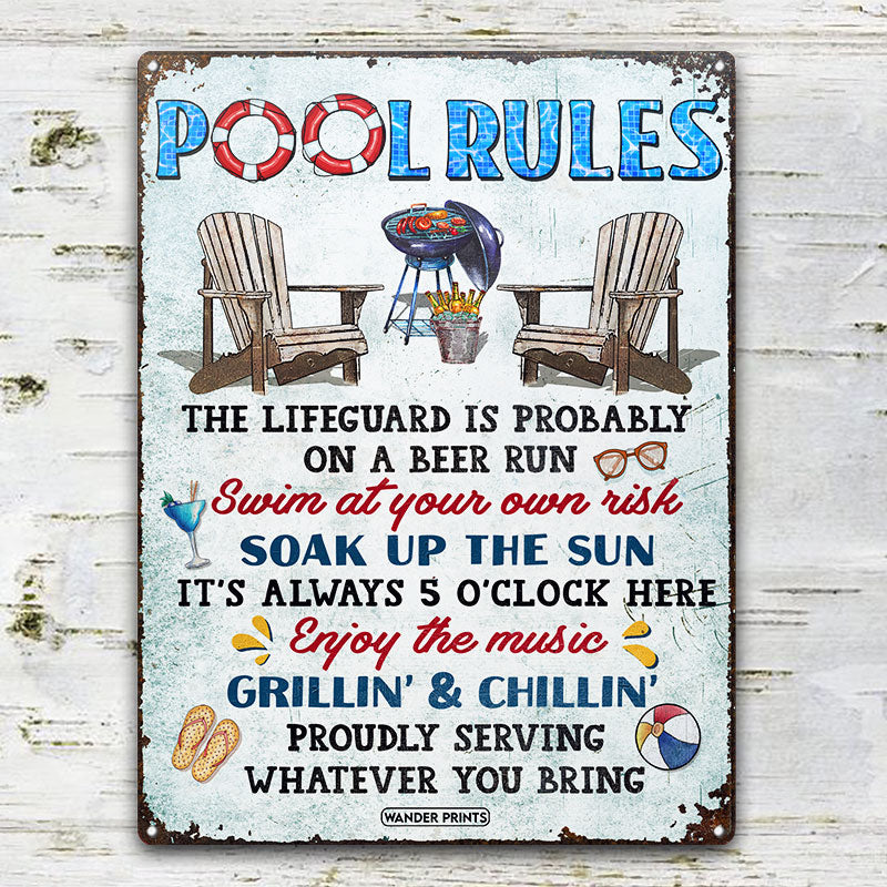 Wander Prints Family Gifts, Backyard Decor, Outdoor Decor, Housewarming Gifts, Patio, Garden, Pool, Bar & Grill, BBQ -	Pool Rules Swim At Your Own Risk, Pool Signs, Classic Metal Signs, Tin Signs
