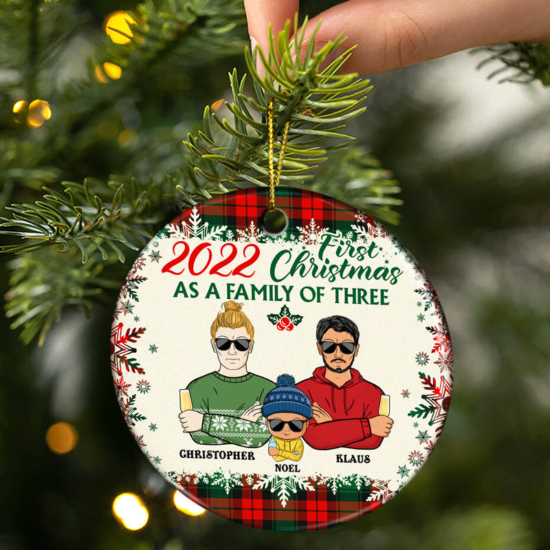 First Christmas As A Family Of Three - Gift For New Parents - Personalized Custom Circle Ceramic Ornament