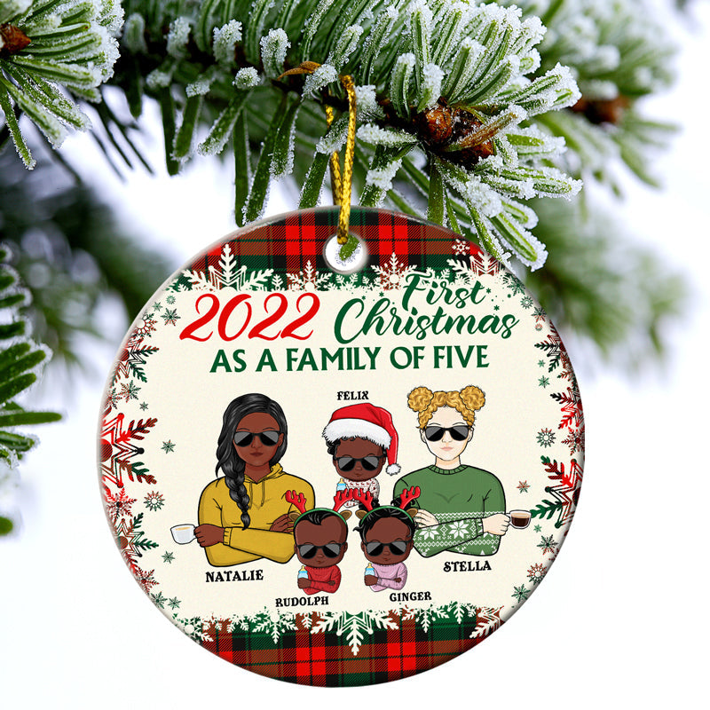First Christmas As A Family Of Three - Gift For New Parents - Personalized Custom Circle Ceramic Ornament