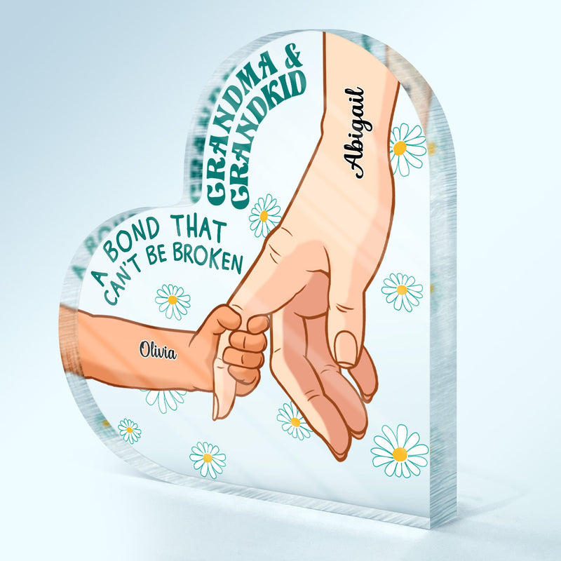 Grandma And Grandkid A Bond That Can't Be Broken - Birthday, Loving Gift For Mom, Mother, Grandmother, Grandparents, Family - Personalized Custom Heart Shaped Acrylic Plaque