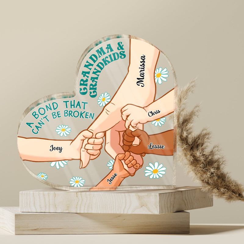 Grandma And Grandkid A Bond That Can't Be Broken - Birthday, Loving Gift For Mom, Mother, Grandmother, Grandparents, Family - Personalized Custom Heart Shaped Acrylic Plaque