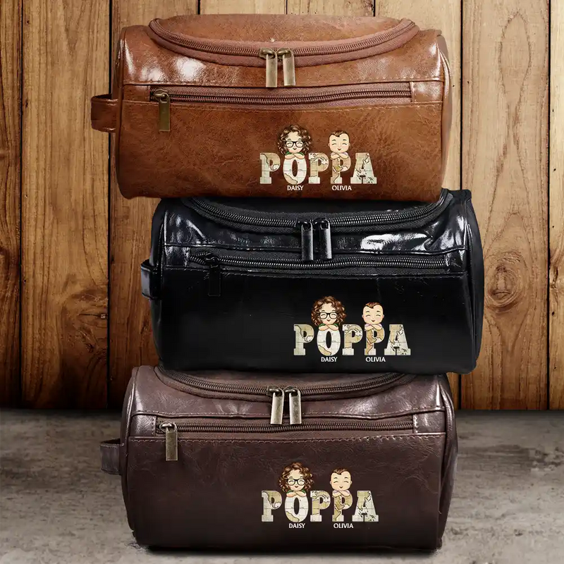 Gift For Grandpa,Gift For Father,Happy - Vintage Map Titles Chibi Kids - Personalized Leather Toiletry Bag