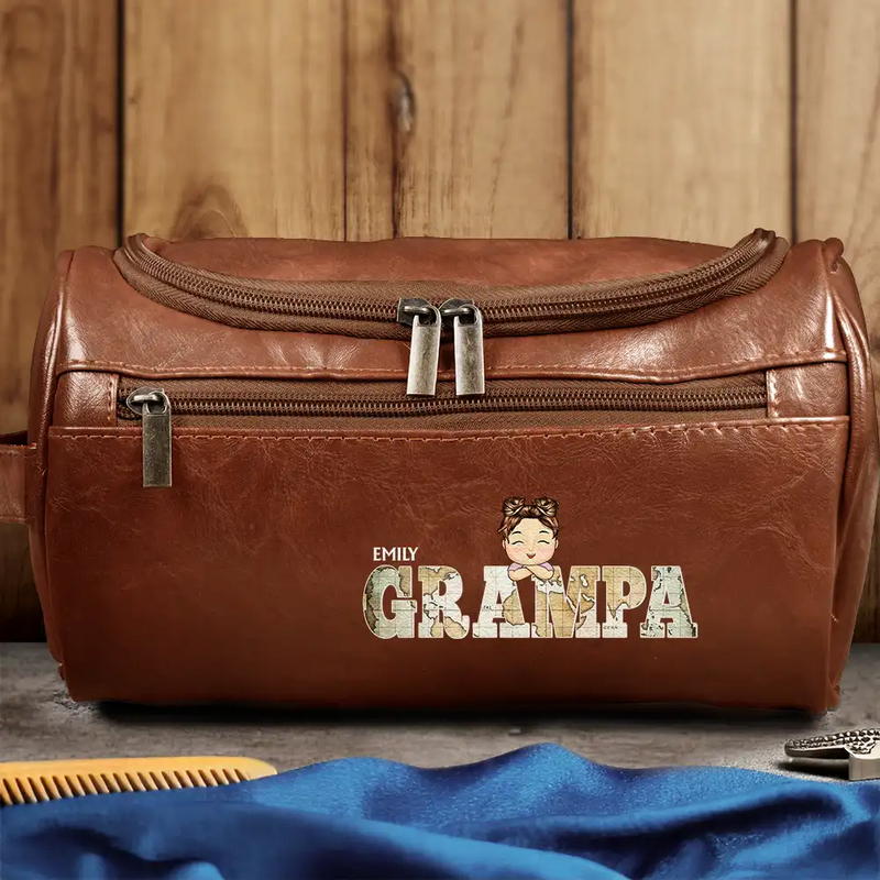 Gift For Grandpa,Gift For Father,Happy - Vintage Map Titles Chibi Kids - Personalized Leather Toiletry Bag