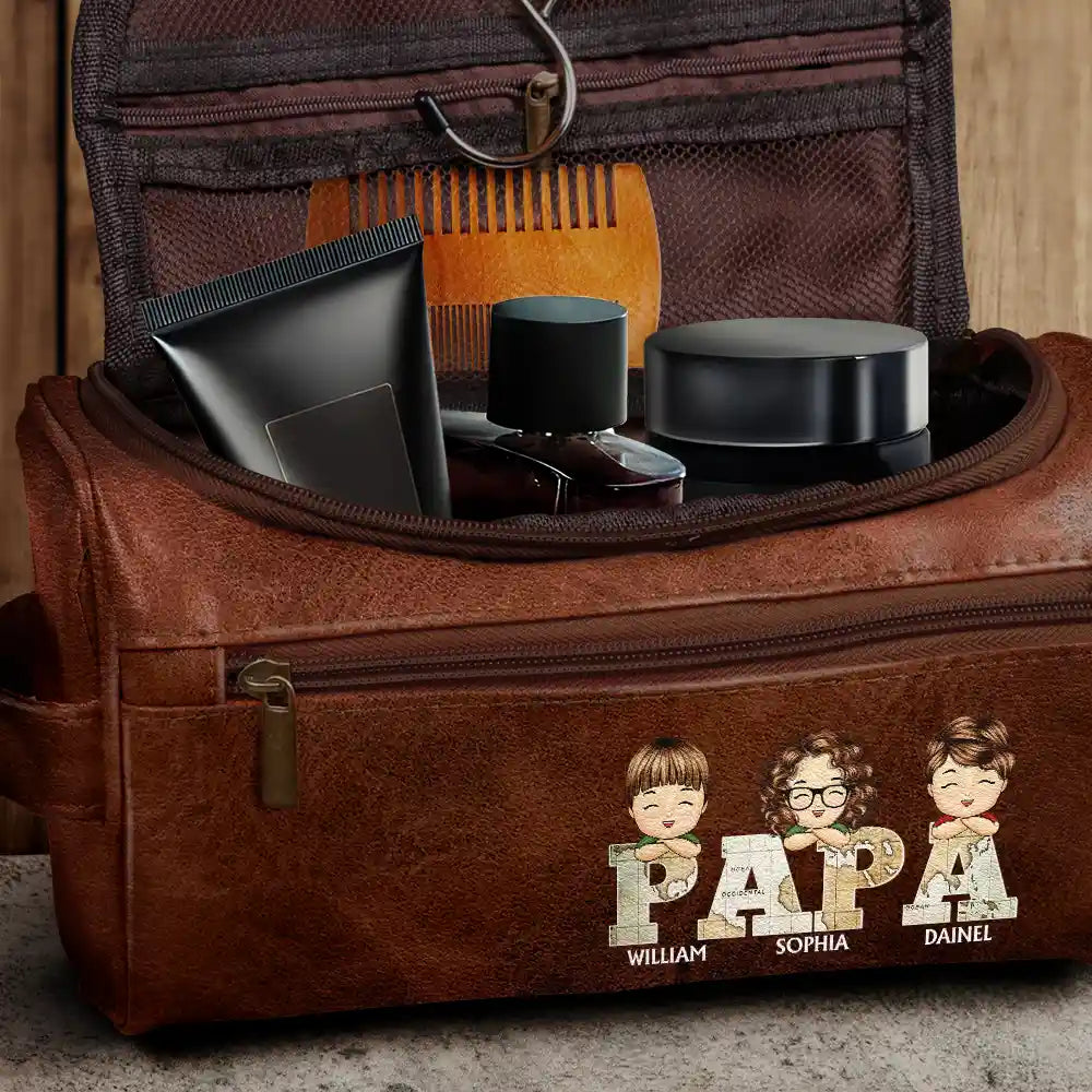 Vintage Map Titles Chibi Kids - Personalized Leather Toiletry Bag