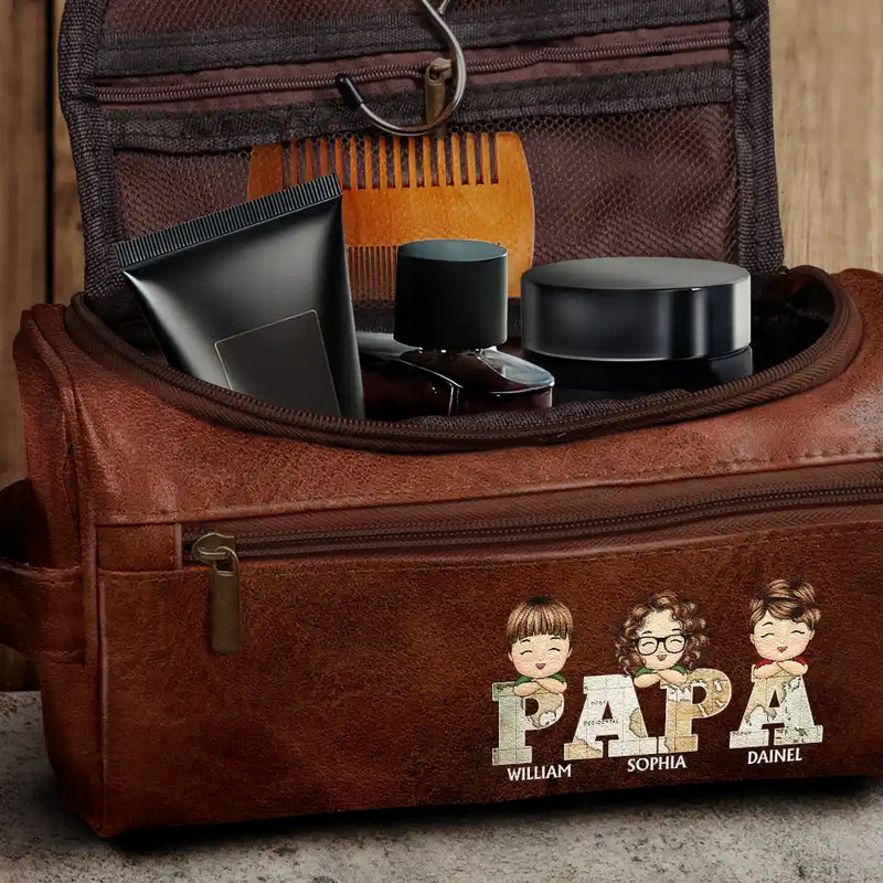 Gift For Grandpa,Gift For Father,Happy - Vintage Map Titles Chibi Kids - Personalized Leather Toiletry Bag