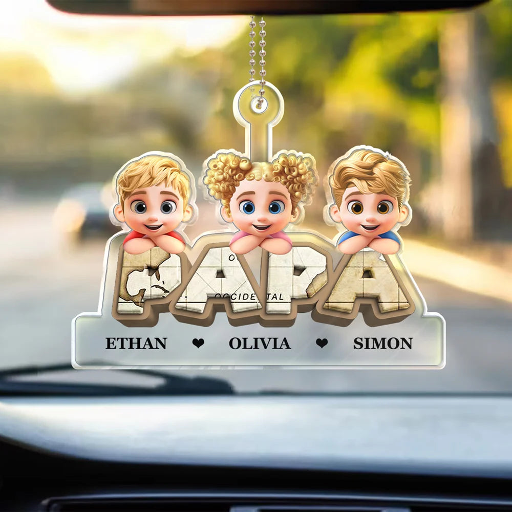 Vintage Map Grandpa Papa Dad 3D Effect Kids - Personalized Acrylic Car Hanger