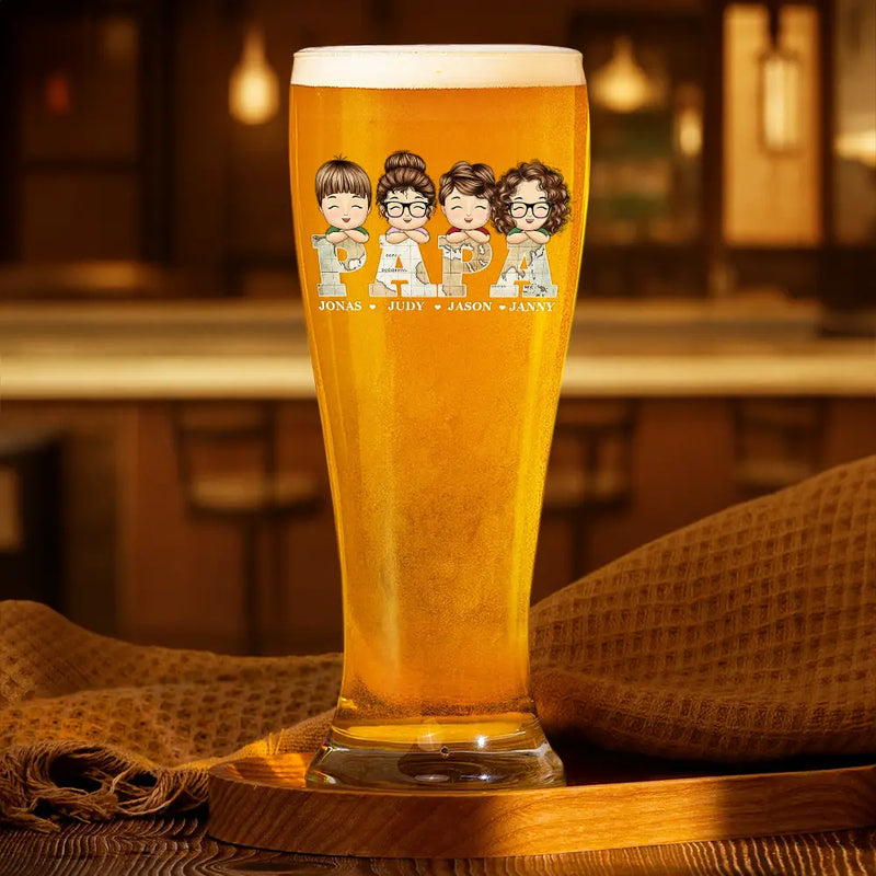 Gift For Father,Gift For Grandpa - Vintage Map Papa Dad Title Cute Kids - Personalized Pilsner Glass