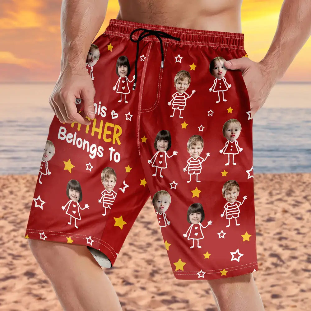 Gift For Grandma,Gift For Mother,Love,Stick Figure - Custom Photo This Grandpa Daddy Belongs To Kids Pet - Personalized Unisex Beach Shorts