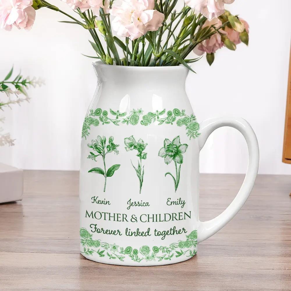 Gift For Mother,Mom - Daughters (Adult),Mom - Daughters (Young),Mom - Sons,Mom - Children,Love - Mother & Daughters Forever Linked Together Toile Birth Flower - Personalized Ceramic Flower Vase