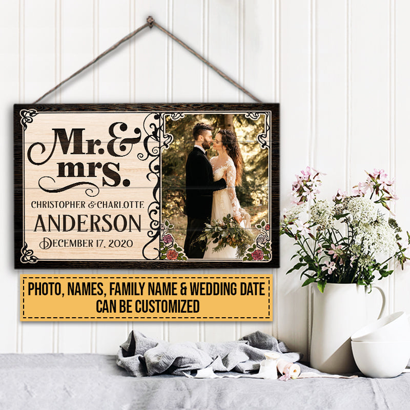 Custom Photo Wedding Married Couple Mr & Mrs Custom Wood Rectangle Sign, Gifts For Wedding, Anniversary, Birthday