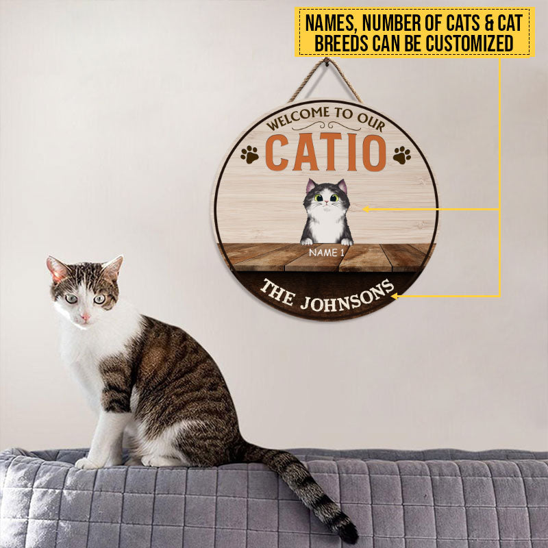 Bienvenue dans notre Catio, décoration pour Catio, décoration d'enclos pour chats, cadeau pour amoureux des chats, panneau rond en bois personnalisé