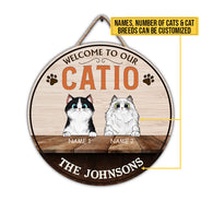 Bienvenue dans notre Catio, décoration pour Catio, décoration d'enclos pour chats, cadeau pour amoureux des chats, panneau rond en bois personnalisé