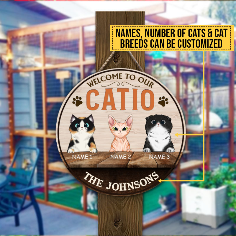 Bienvenue dans notre Catio, décoration pour Catio, décoration d'enclos pour chats, cadeau pour amoureux des chats, panneau rond en bois personnalisé
