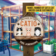 Bienvenue dans notre Catio, décoration pour Catio, décoration d'enclos pour chats, cadeau pour amoureux des chats, panneau rond en bois personnalisé