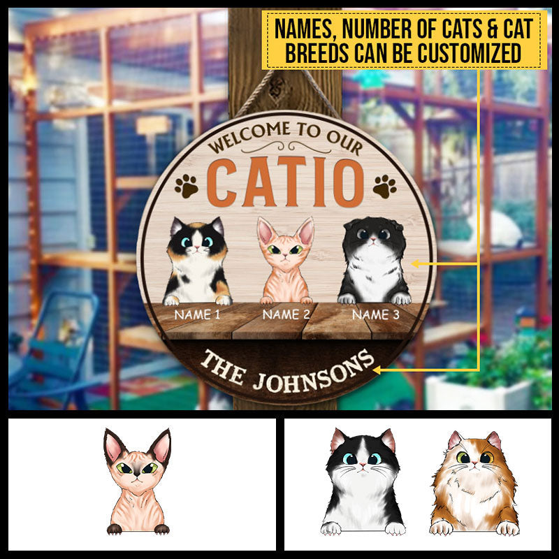 Bienvenue dans notre Catio, décoration pour Catio, décoration d'enclos pour chats, cadeau pour amoureux des chats, panneau rond en bois personnalisé