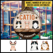 Bienvenue dans notre Catio, décoration pour Catio, décoration d'enclos pour chats, cadeau pour amoureux des chats, panneau rond en bois personnalisé