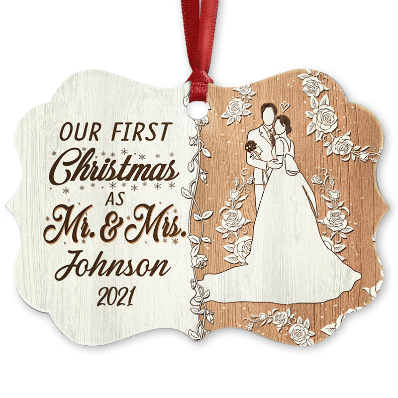 Wedding Couple Our First Christmas - Gift For Couple - Personalized Custom Wooden Ornament, Aluminum Ornament