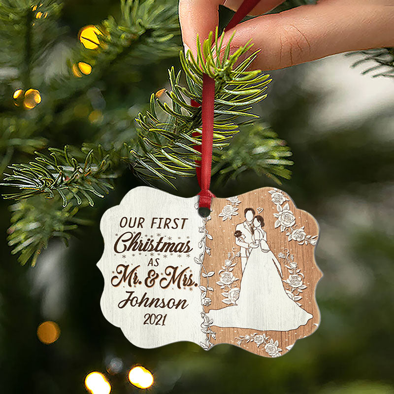 Wedding Couple Our First Christmas - Gift For Couple - Personalized Custom Wooden Ornament, Aluminum Ornament