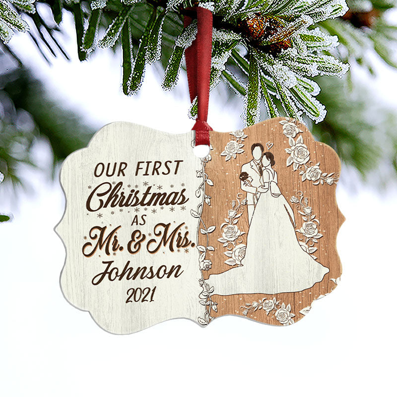 Wedding Couple Our First Christmas - Gift For Couple - Personalized Custom Wooden Ornament, Aluminum Ornament