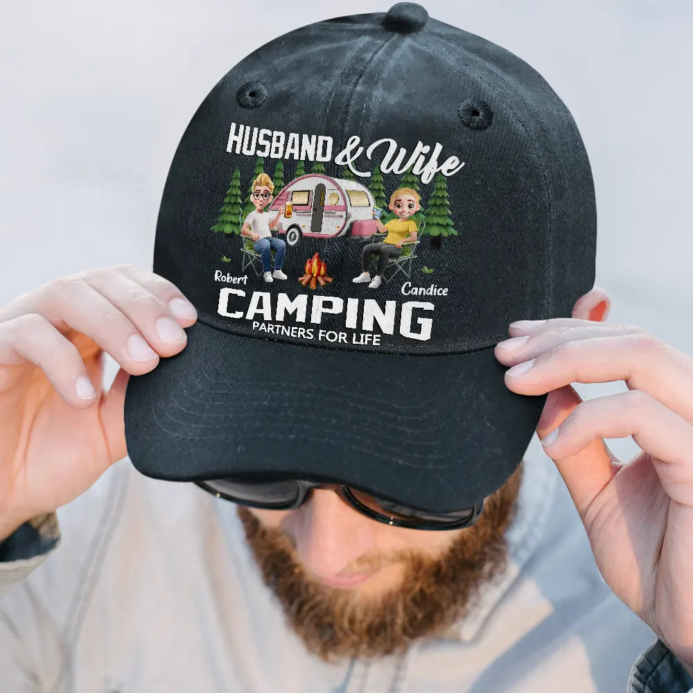 Camping, Campsite, Gift For Couples, Happy, Gift For Husband, Gift For Girlfriend, Gift For Boyfriend, Gift For Wife - Warning Camping Again - Personalized Vintage Washed Denim Cap