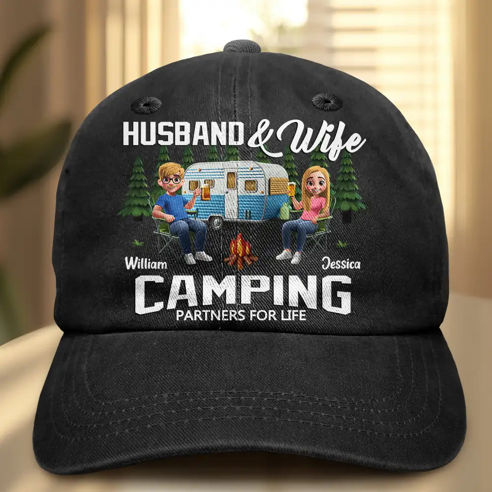 Warning Camping Again - Personalized Vintage Washed Denim Cap