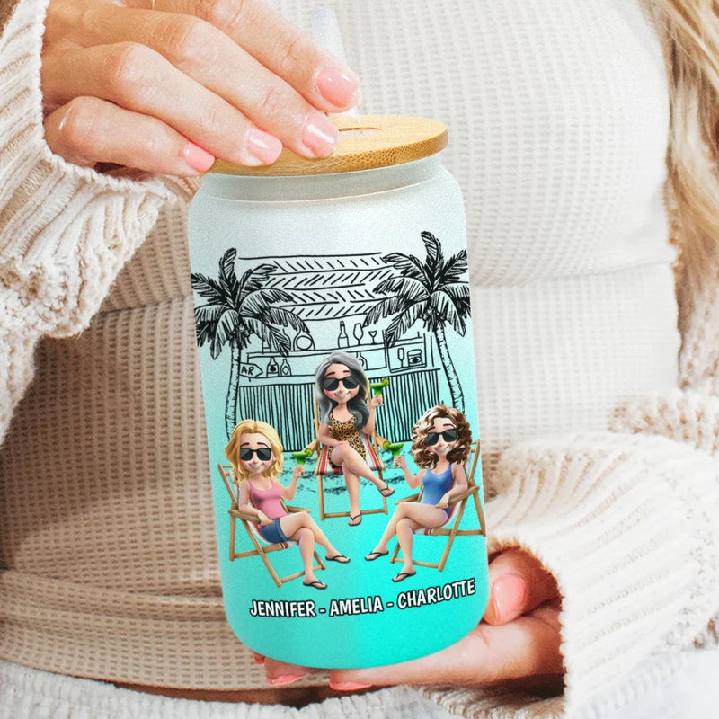 Gift For Bestie, Beach, Happy - Warning The Girls Are Drinking Again Beach - Personalized Ombre Frosted Glass Can