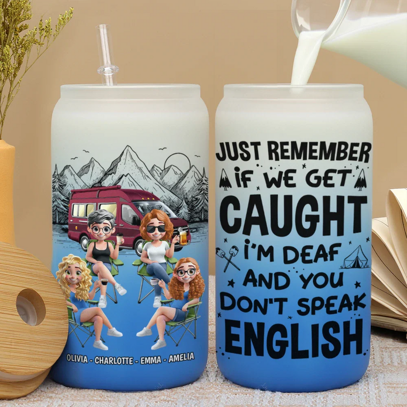 Camping, Campsite, Gift For Bestie, Happy - Warning The Girls Are Drinking Again Camping - Personalized Ombre Frosted Glass Can